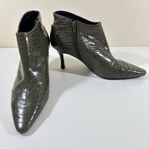 Zara Trafaluc Croc Embossed Ankle Boots Women's 38 Green Pointed Toe Y2K Heels